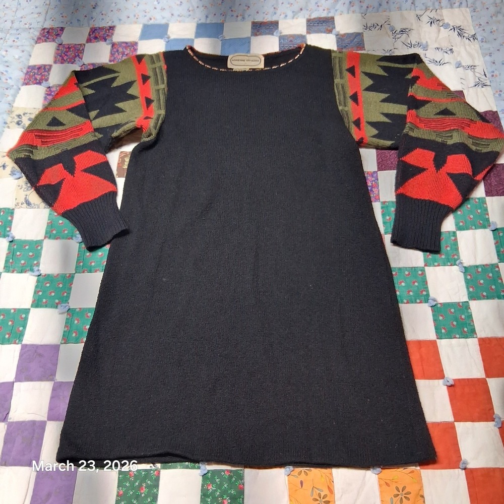 Vintage Adrienne Vittadini‎ Wool Sweater Dress Womens Medium Black Southwestern